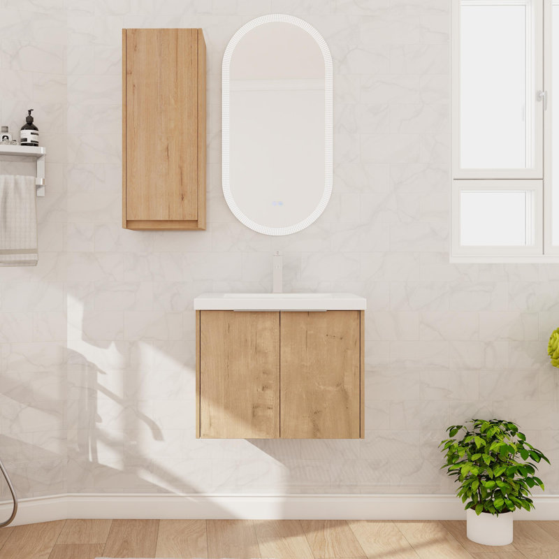 Meuble-lavabo mural simple 24 po avec plateau en résine, meuble-lavabo flottant avec 2 portes et armoire latérale 24 po