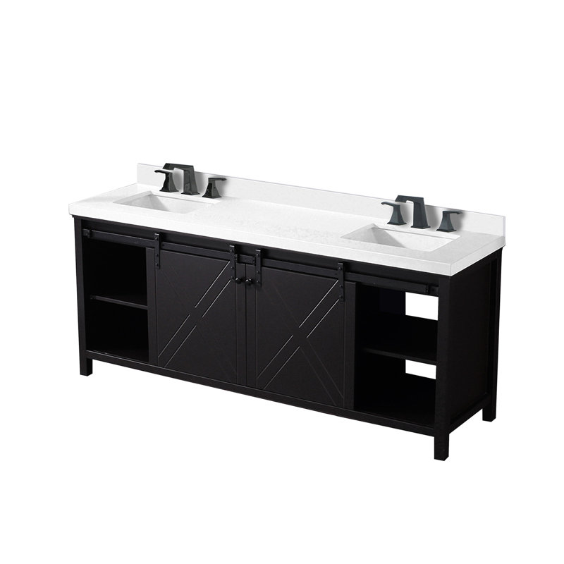 Meuble-lavabo double l 80 po x P 22 po avec comptoir en quartz blanc et robinet - Mécanisme de fermeture en douceur à finition grattée 22 D et tablettes résistantes durables