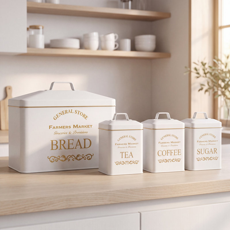 Bread Bin & Canister Sets Steel Canister, White/Gold