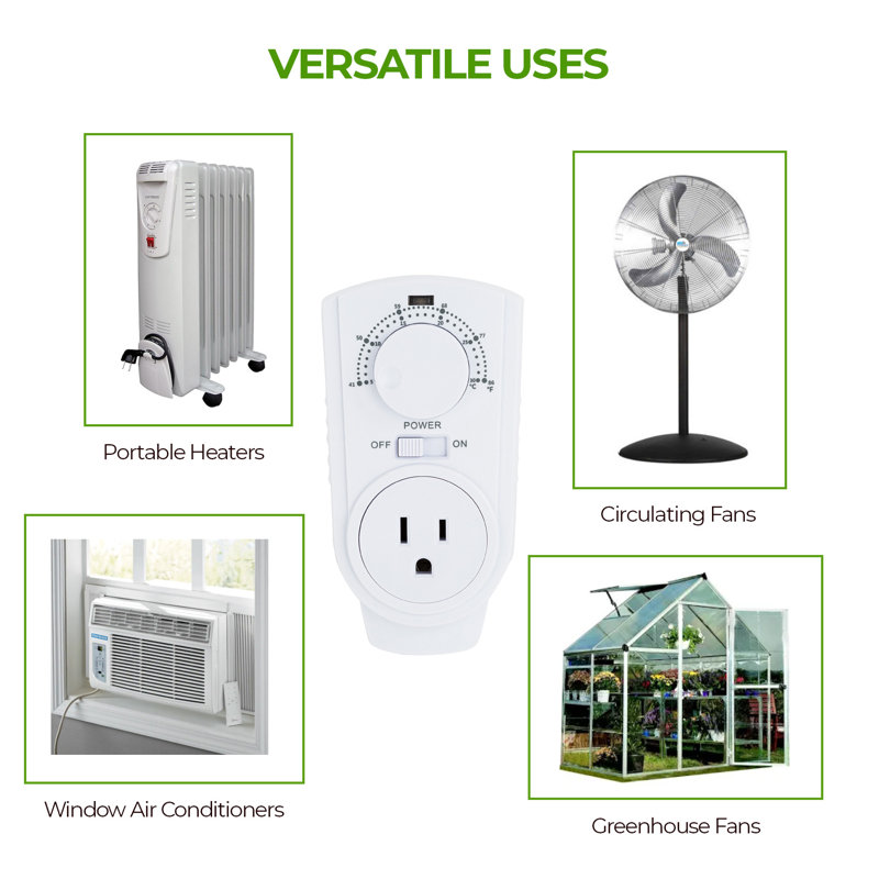 White Universal Plug-In Adjustable Thermostat for Heating & Cooling