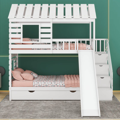  Anahira Twin Over Twin House Bunk Bed With Trundle And Slide, Storage Staircase, Roof And Window Design