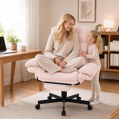 Criss Cross Chair with Wheels, Extra Wide Cross Legged Office Chair with Flip-Up Armrests & Footrest, Ergonomic Teddy Fleece Swivel Desk Chair with Adjustable Headrest for Home Office & Vanity Pink