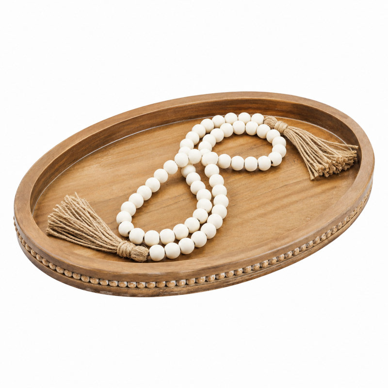 Oval Wood Decorative Tray With 58" Bead Garland Farmhouse Coffee Table & Kitchen Island Decor