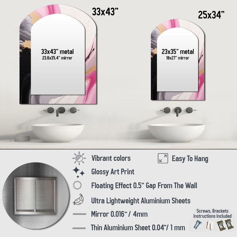 Wild Promises Abstract Gold Wave Pink And Black - Abstract Painting Arch Large Wall Mirror, Modern Asymmetrical Unique Mirror, Printed Metal Art