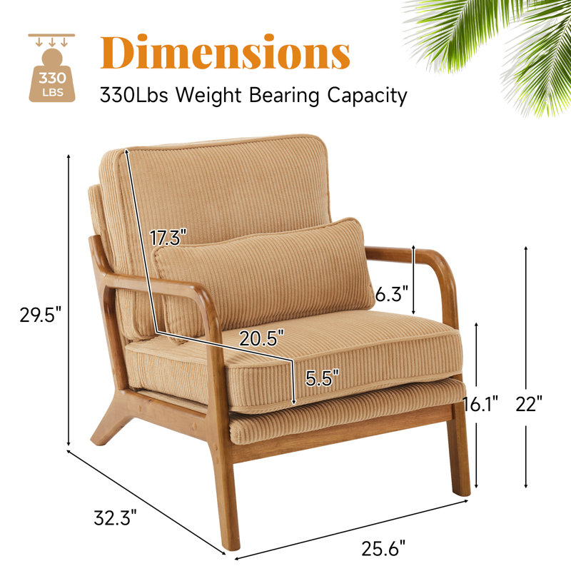 Lemley Mid Century Solid Wood Accent Chair Upholstered Armchair With An Extra Pillow （Set Of 2), Brown Corduroy