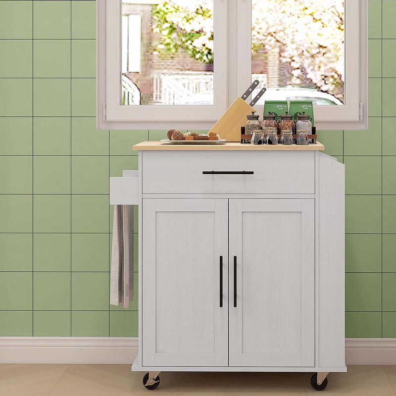 Chariot de cuisine avec plateau en bois manufacturé Sicilee, Blanc