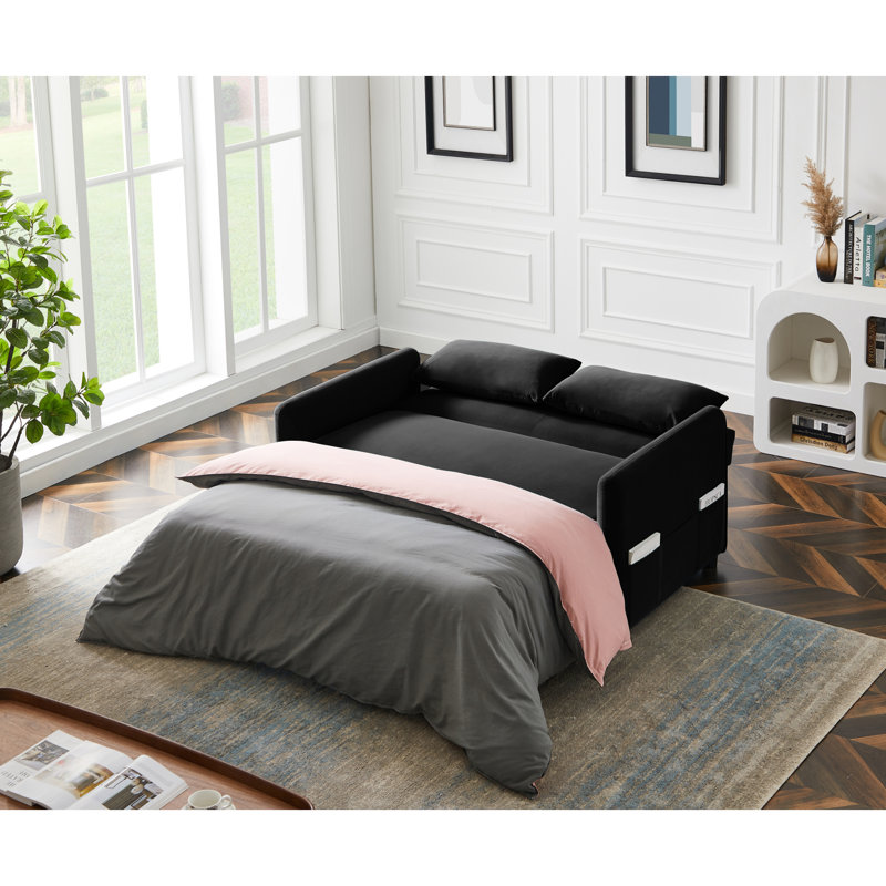 Sofa 57.1'' Velvet Convertible Sofa, Black Velvet