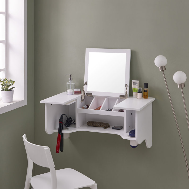 Rebord mural transitionnel blanc avec miroir - Gain de place pour vos accessoires de coiffure et outils de coiffage