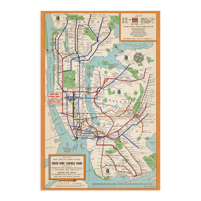 1954, carte de métro de New York, art mural sur papier, H 36 po x l 24 po x P 0,1 po