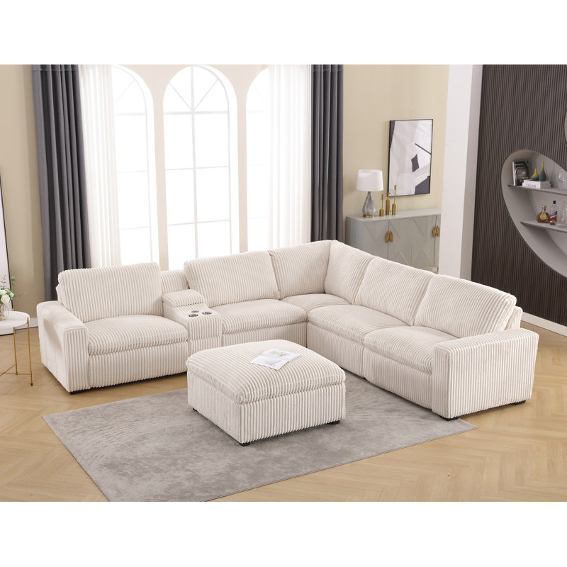 Annistyn 7 Piece Modern Corduroy L Shaped Power Reclining Sectional Sofa with Storage & Wireless Charging