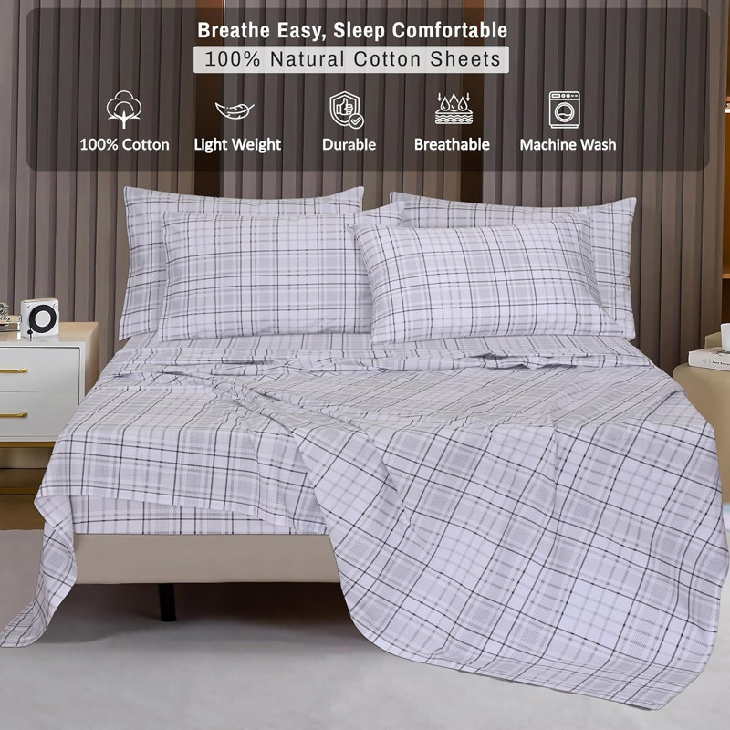 Ensemble de draps en coton 6 pièces RUVANTI, À carreaux ouvert, Ensemble de draps pour lit double avec 4 taies d'o
