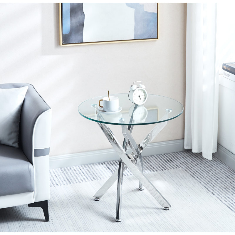 Table de bout à pieds en verre trempé de 0,39 po de diamètre moderne de 23,6 po pour les intérieurs contemporains et d'une hauteur de 21,9 po