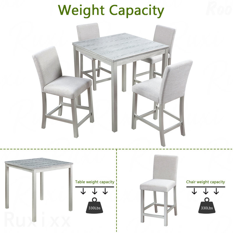 Ensemble de salle à manger 5 pièces à hauteur de comptoir: table carrée en bois et 4 chaises rembourrées, décoration en cristal