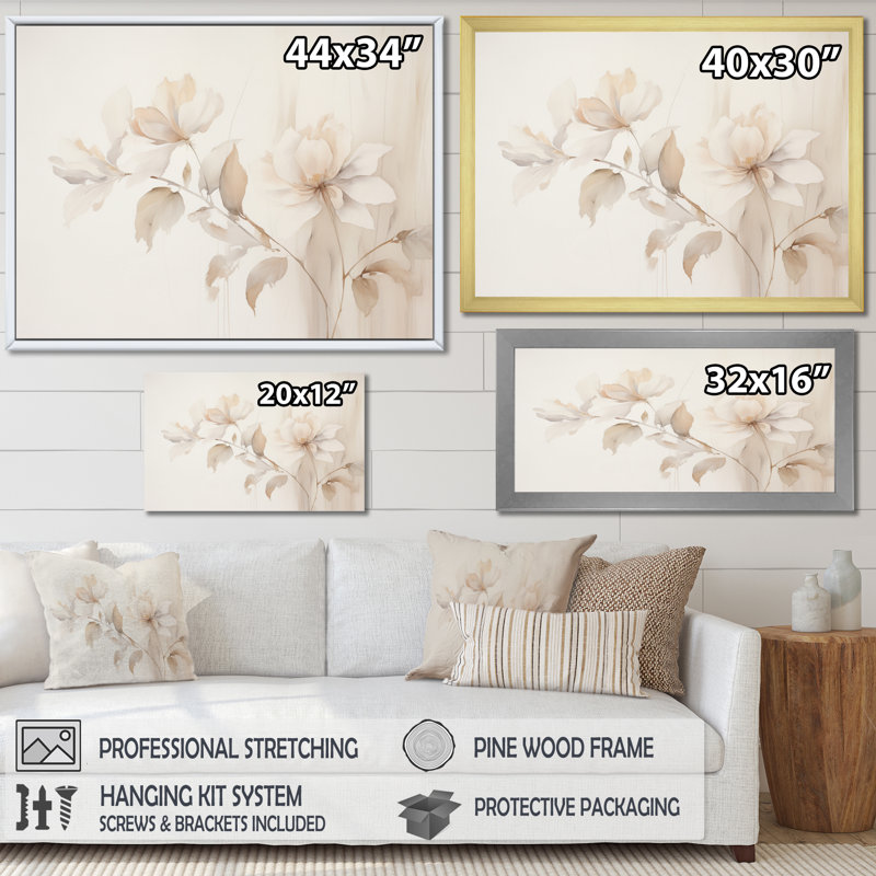 «White Botanical Elegance II - Abstract Botanicals, art mural sur toile, Cadre flottant noir, H 24 po x l 32 po x P 1 po