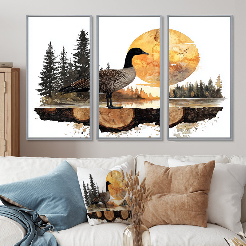 «Goose In Sunrise Forest Lake Landscape», ensemble d'art mural 3 pièces, H 32 po x l 48 po, Argent argent