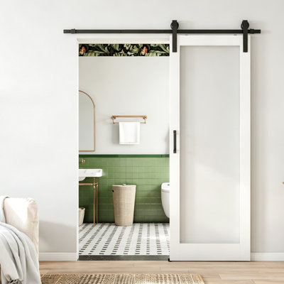 1-Lite Paneled Wood And Glass Sliding Barn Door With Installation Hardware Kit