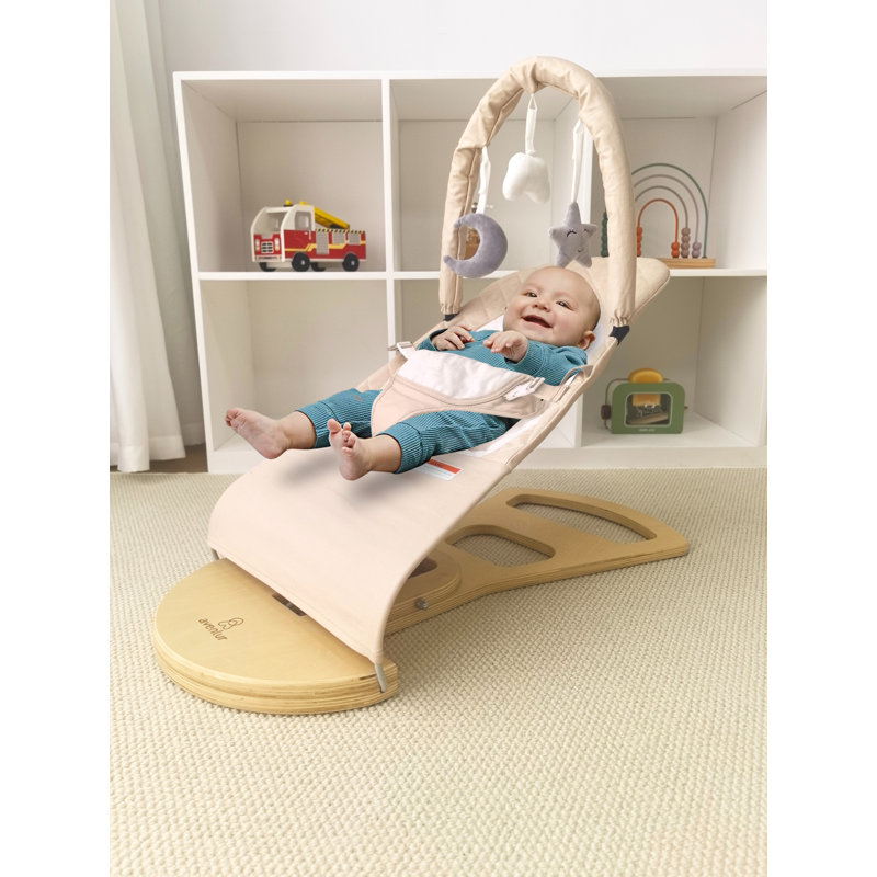 Avenlur Fir Baby Bouncer - Wooden Ergonomic Infant Rocker With Play Arch & Hanging Toys, Foldable Portable Design For Newborns & Toddlers, Soft & Safe Fabric For Sensory Development, Easy To Clean