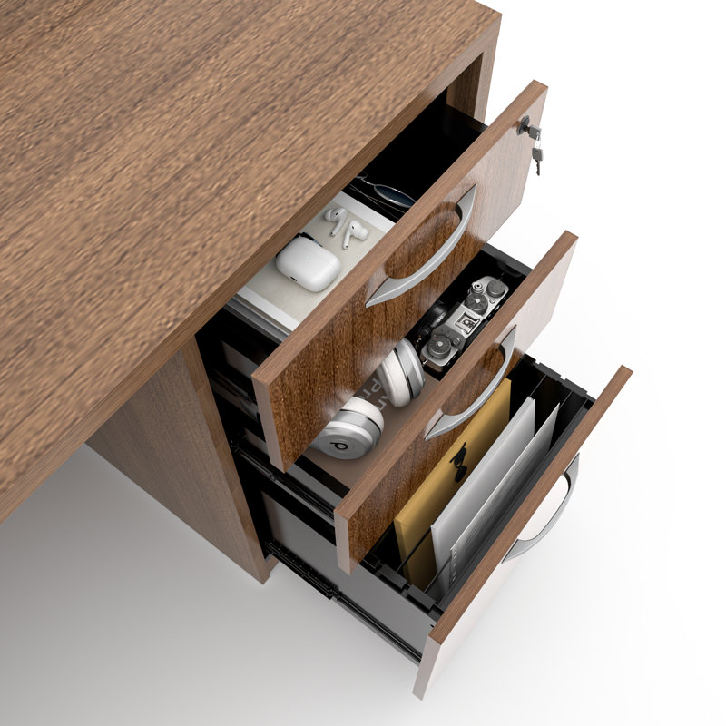Nishad Adjustable Height Executive Standing Desk Pedestal, Walnut, U-Shape with 3 Drawers