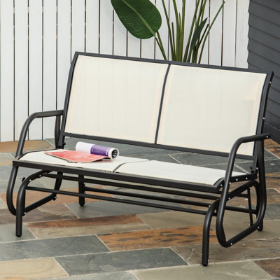 Garden Double Swing Rocking Chair , 2 Patio Glider Bench. Beige Wear- Sling, Powder Coated Steel. Outdoor Comfort. 47.25"L X 27.5"W 33.5"H Bench For Backyard, . Quick-Drying Sling Fabric, Steel