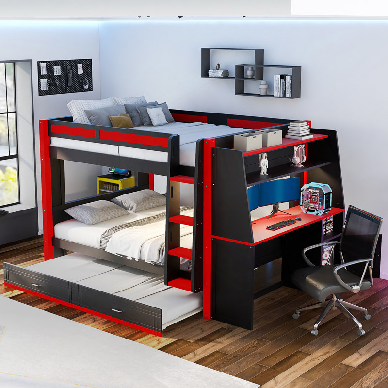 Lit superposé multifonctionnel avec lumière DEL, bureau et rangement