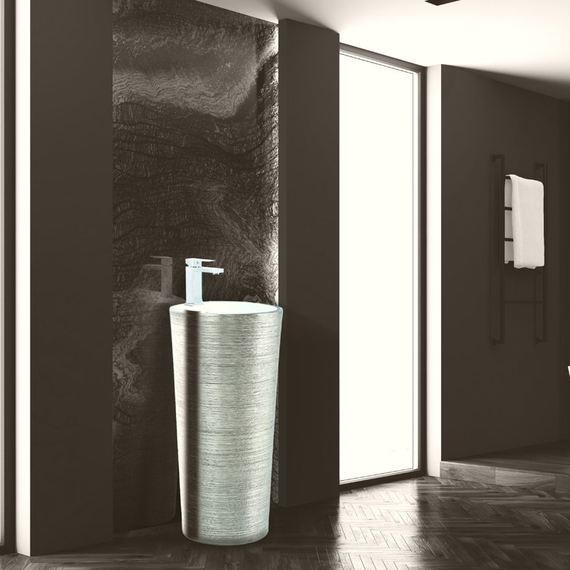 Vitreous China Pedestal Bathroom Sink with Overflow, Brushed Silver