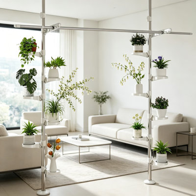 Support pour plante d'intérieur réglable avec poteau à double tension, support à fleurs en acier inoxydable, tablettes de rangement en coin avec 12 plateaux, 2 crochets et tringle à vêtements télescopique