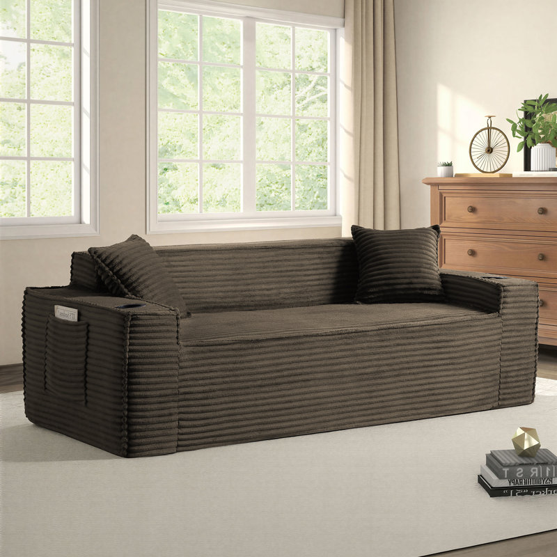 Boneless 80" Loveseat Sofa with Deep Seat – Spacious Corduroy Compression Cloud Couch for Bedroom, Dorm, Apartment, Brown