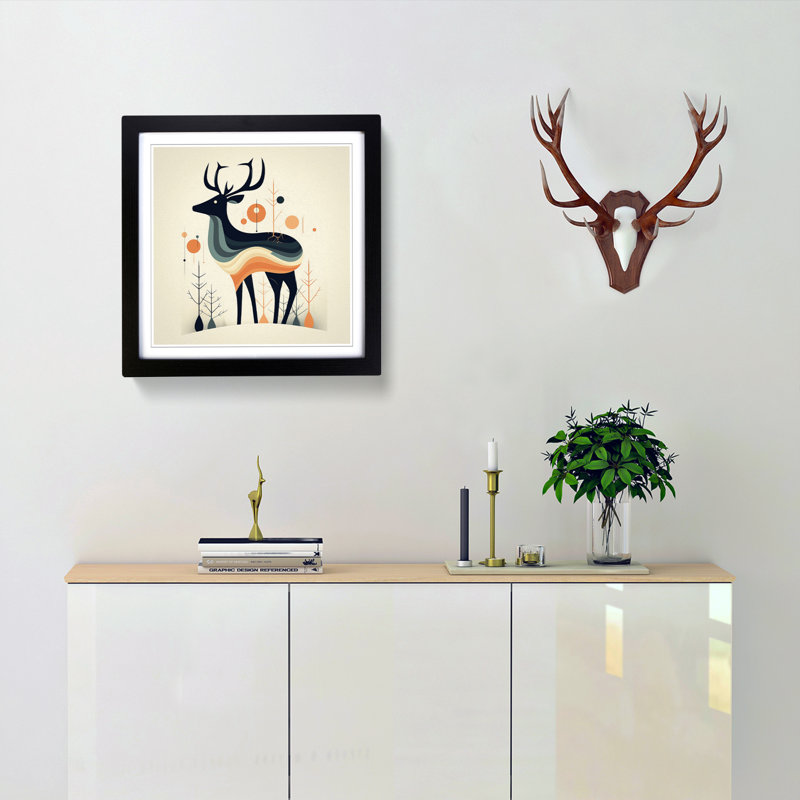 Deer Mid-Century - Single Picture Frame Print on Wood, Black