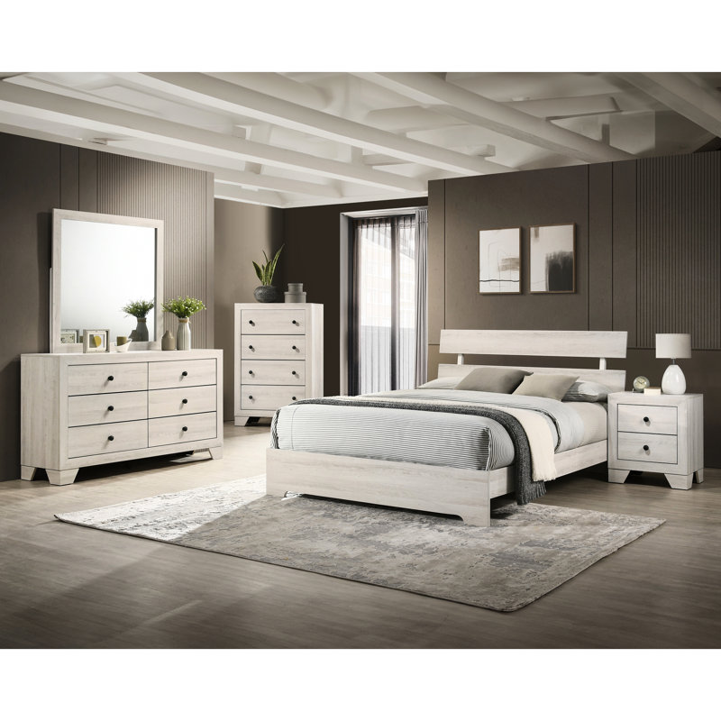 Lit plateforme simple rustique, finition blanc délavé, conception à profil bas, bois massif, lit contemporain pour cadre de chambre de jeunes, meubles robustes