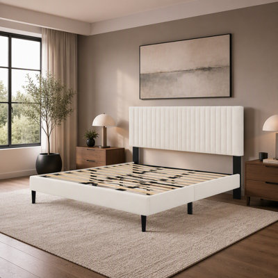 Cadre de lit, lit plateforme recouvert de velours avec tête de lit réglable en hauteur, structure et sommier robustes, conception silencieuse, compatible avec les matelas sans ressorts