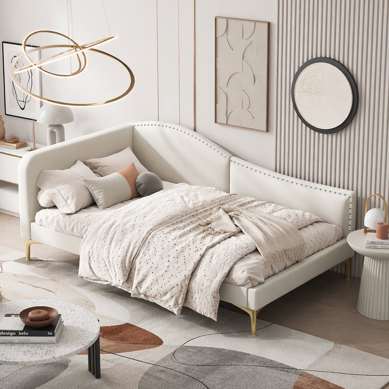 Lit de jour simple rembourré avec tête de lit et accoudoirs, beige, Twin, Beige