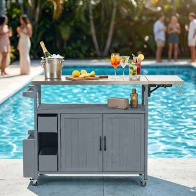 54.33" Farmhouse Rolling Outdoor Kitchen Cart With Stainless Steel Top, Lockable Wheels, Adjustable Shelves & Multi-Functional Storage