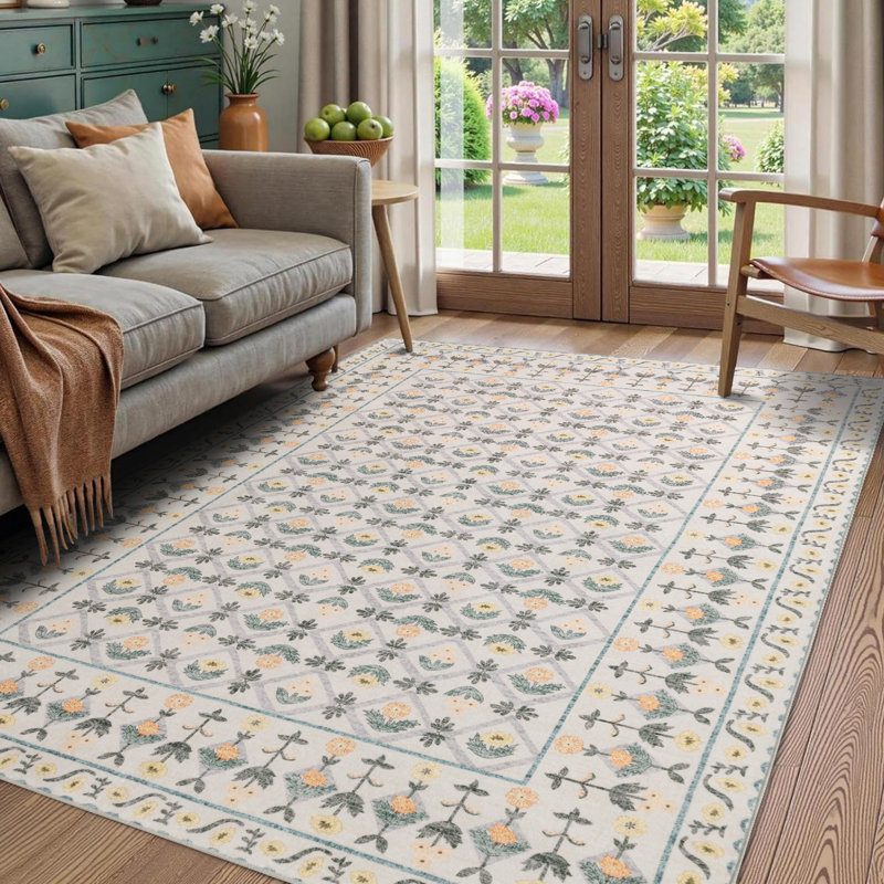 Meadow Bloom Traditional Floral Washable Living Room Area Rug, Rectangle 5' x 7'