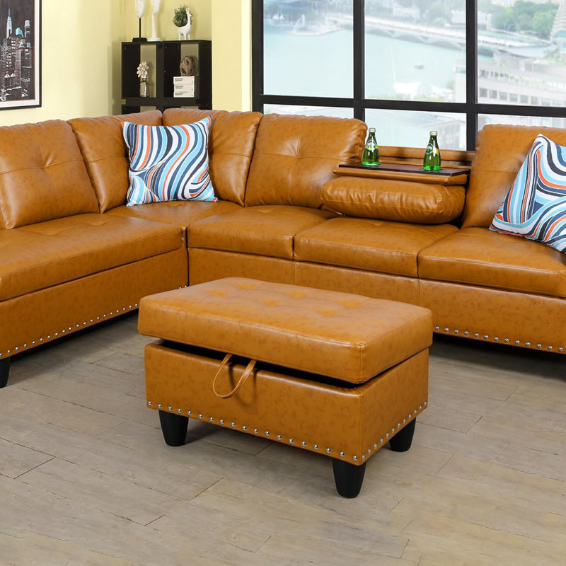 Tufted Storage Ottoman With Nailhead Trim, Ginger