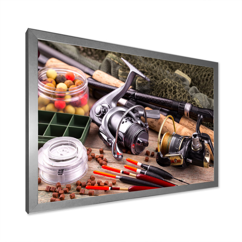 " Fishing Rods And Reels ", 30" H x 40" W x 1.5" D, Silver Picture Frame