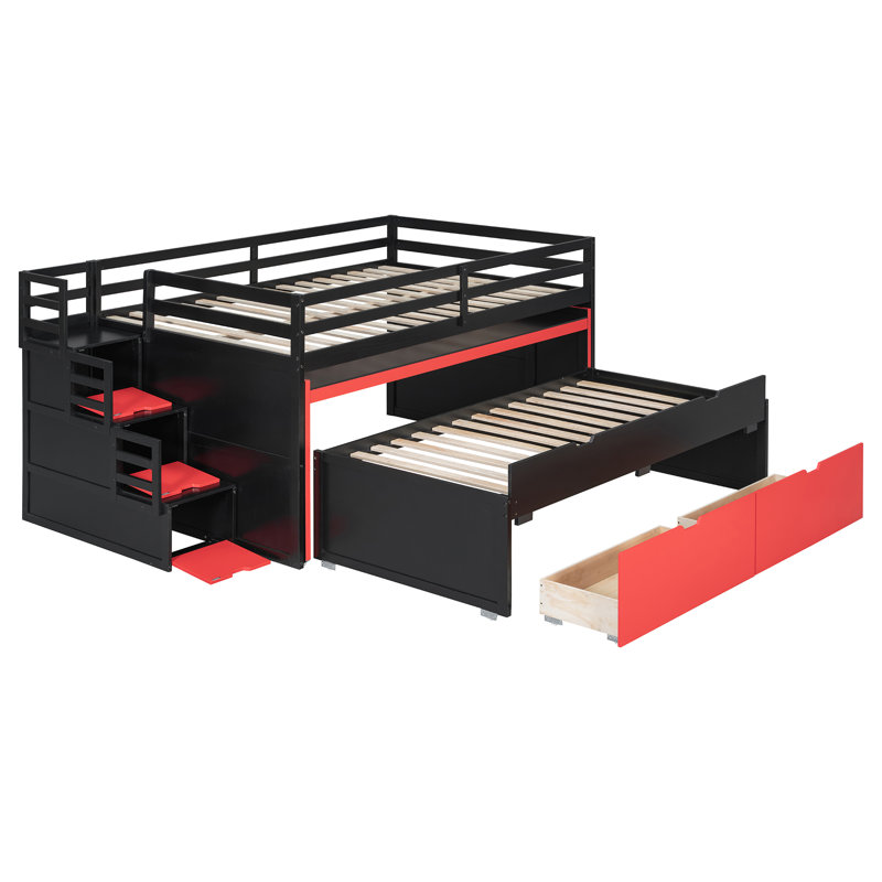 Lit double mezzanine double avec bureau coulissant, lit gigogne simple, marches de rangement et tiroirs, lit poste de travail de jeu - noir et rouge
