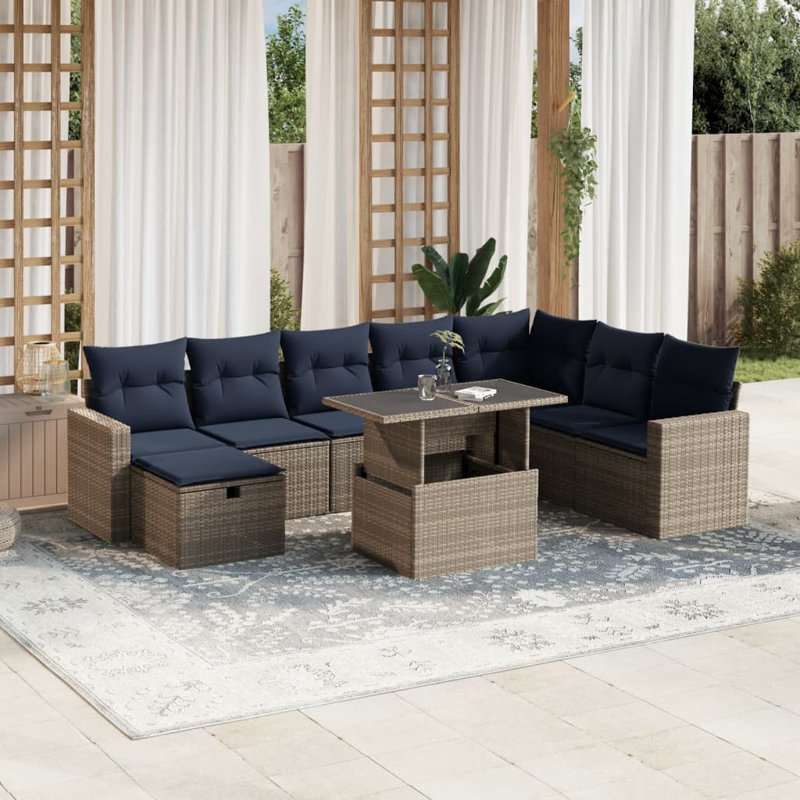 Ensemble de 9 canapés de jardin avec coussins pour l'extérieur, Marine, Gris
