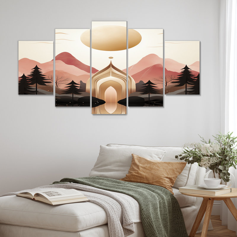 Portail de montagne Golden Moon Forest - paysage abstrait, art mural 5 pièces, H 32 po x l 60 po