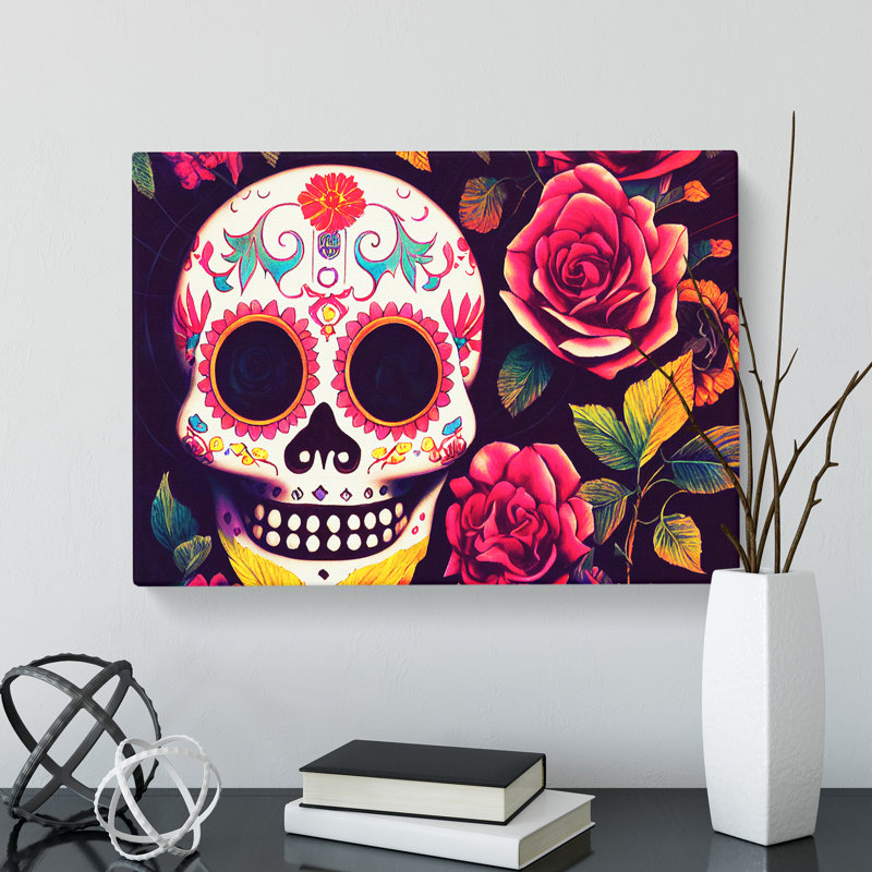 The Serene Floral Sugar Skull - Wrapped Canvas Print, 35cm H x 50cm W x 3cm D