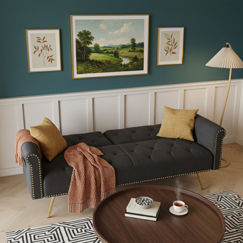 Canapé-lit en velours l 69,7 po avec garniture cloutée et coussin assorti, Noir