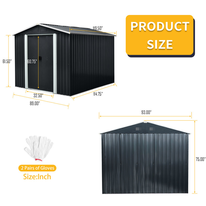 8Ft X 10Ft Outdoor Metal Shed, Black - Galvanized Iron Frame For Sturdiness, Punched Vents Efficient Airflow, Sliding Doors With Padlock, Easy To Assemble Shed Structure In Steel Construction