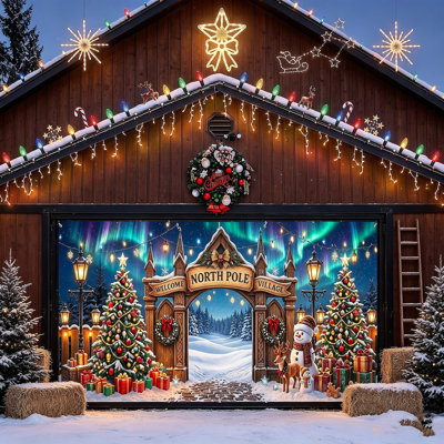 Bannière de porte de garage d'extérieur 7 x 16 pi, toile de fond bonhomme de neige avec trous et cordes North Pole