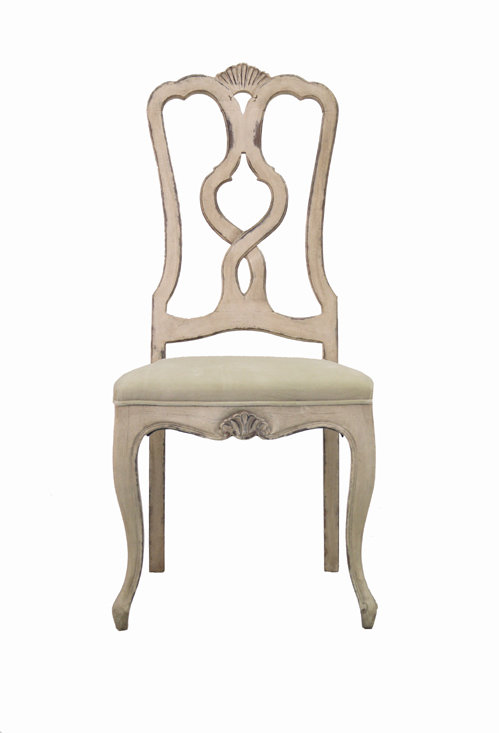 Beige Velvet Birch Wood Queen Anne Side Chair