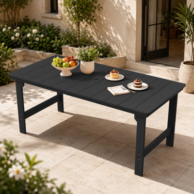 Black All-Weather HDPE Outdoor Patio Dining Table With Umbrella Hole