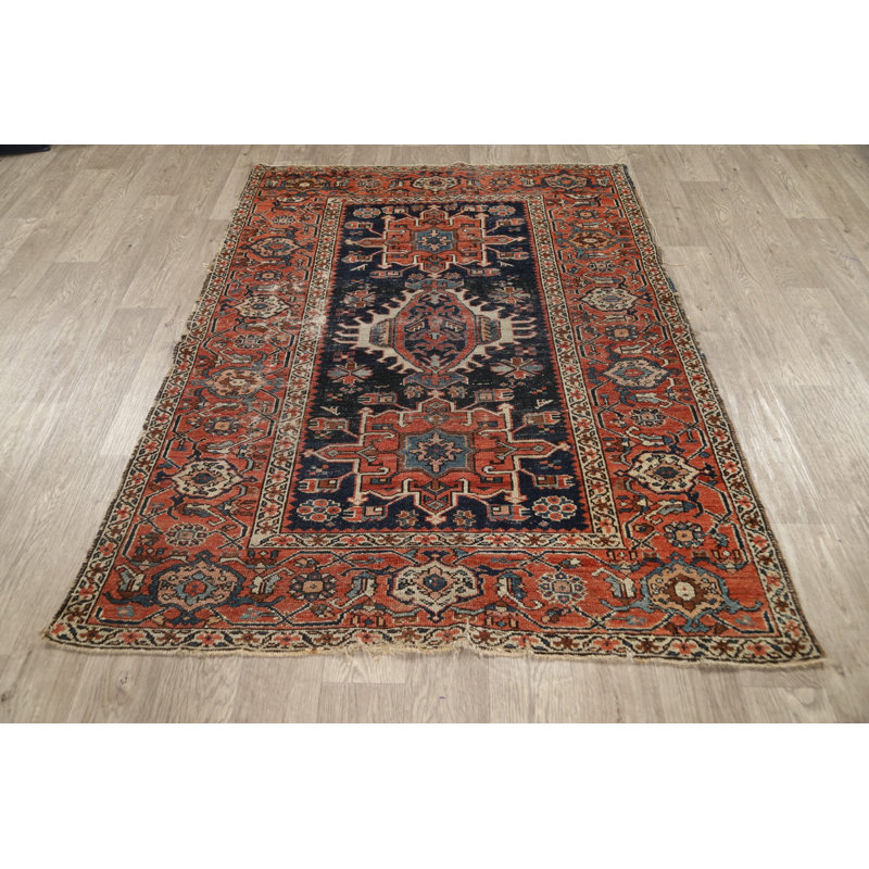 Tapis unique en laine noué à la main de style années 1900 de 4 pi 9 po x 5 pi 10 po bleu / rouille / beige