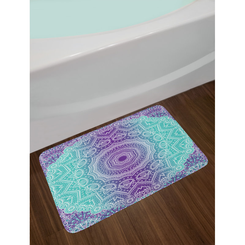 Purple and Turquoise Mandala Plush Bath Mat with Non-Slip Backing
