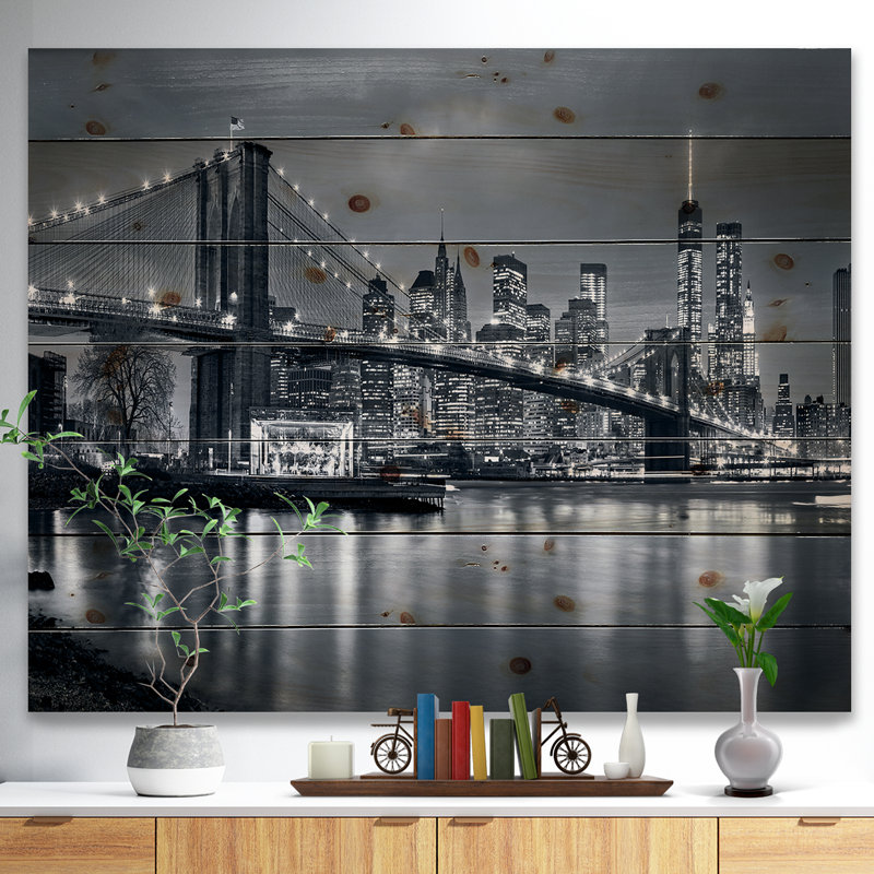 Panorama de la ville de New York la nuit, photographie sur métal, H 15 po x l 20 po, Impression encadrée, Bois