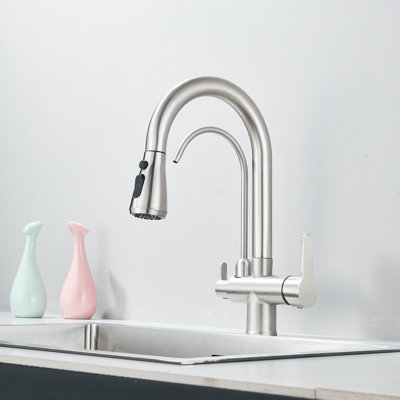 Brushed Nickle Stainless Steel 3 in 1 Kitchen Faucet Single Hole Pull Out Sprayer with Filtered Water Outlet
