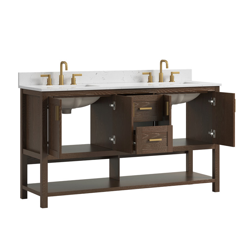 Meuble-lavabo autoportant en noyer de 60 po avec double lavabo et plateau en pierre artificielle Aastha, 60"