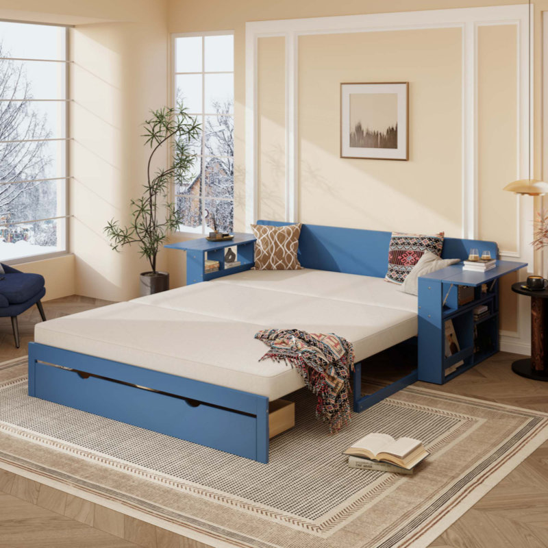Lit de jour avec bureau amovible, tiroirs de rangement et table d'appoint hydraulique, Bleu, Grand lit